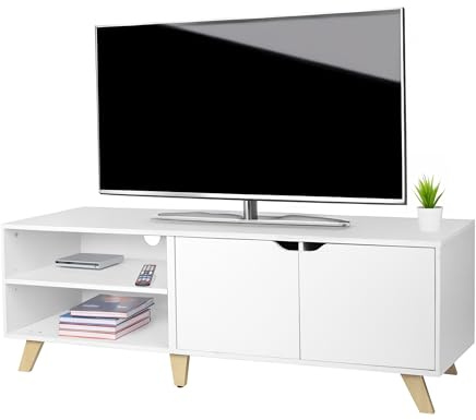 Relaxdays TV-Lowboard, 6 Fächer, TV-Schrank bis 60 Zoll, HBT: 50 x 140 x 40 cm, Fernsehtisch mit Kabelführung, weiß