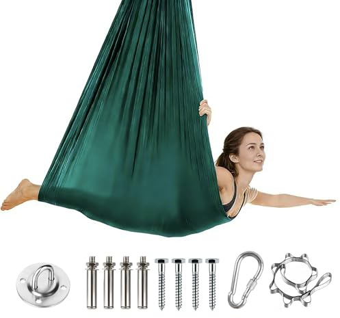 Hamac de Yoga Aérien Vert Foncé 280x150 cm, Capacité de Charge 500 kg, Kit Complet D'Installation Inclus, Accessoires De Yoga Anti-Gravité Pour Adultes
