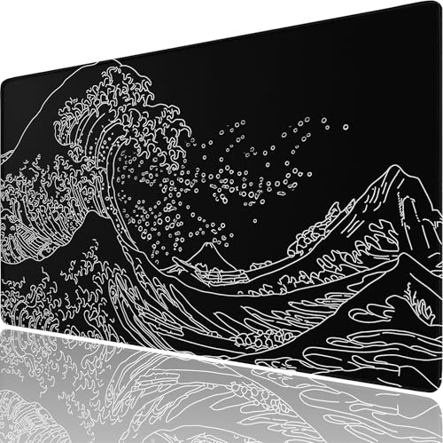 Gaming Mouse Pad Large, 31.5 x 15.7 Extended Computer Keyboard Mousepad with Non-Slip Rubber Base, Stitched Edge, Waterproof Fabric XXL Big Long Laptop Pad for Gamer, Office, Home, Waves