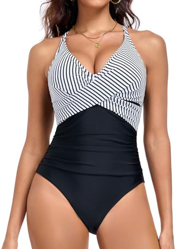 Joweechy Womens Swimming Costumes Deep V Neck Crossback One Piece Swimsuit | Colour-block Adjustable Crossover Straps Fixed Padded Cups Tummy Control Swimwear for Beach Holidays,Swimming