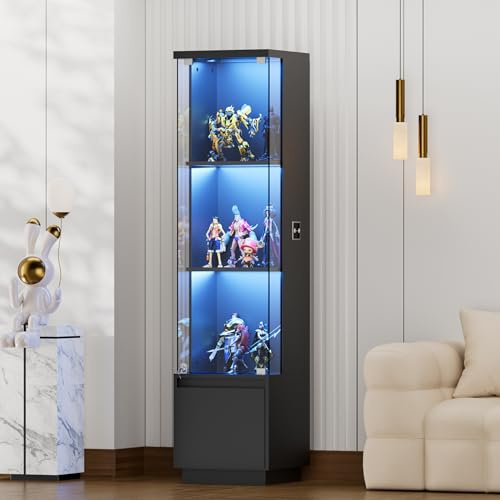 TWSOUL Vitrina de cristal, moderna vitrina con LED de 3 colores y sensor inteligente, 3 capas, negro, marco de metal y vidrio templado, resistente al polvo, ahorra espacio para salón, dormitorio