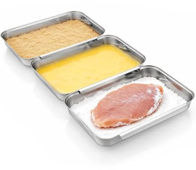 Juego de 3 bandejas de pan de acero inoxidable entrelazadas para pollo, pescado o carne, bandejas de dragado profundo para empanar, aptas para horno y sartenes de preparación para marinar y hornear (3