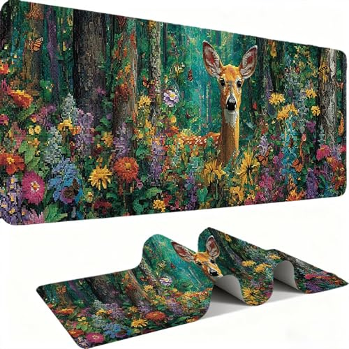 Tapis de Souris 600x300mm Tapis Souris Gamer, Mousepad de Bureau Ultra Mince Base en Caoutchouc Antidérapante Lavable Vitesse précision Améliorées pour PC, Ordinateur, Travail-Le Faon De Forêt C0P-318