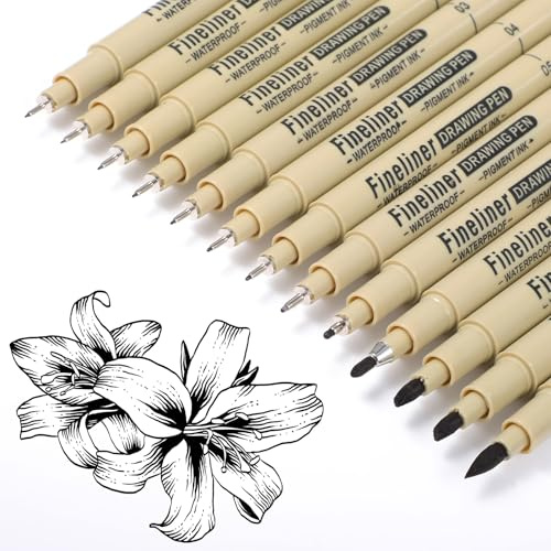 YUXIANLB 13 Stück Fineliner Schwarz Set, Zentangle Zeichenstifte Manga Zeichnen Lernen Tuschestifte Künstlerbedarf mit 13 Linienbreiten Wasserfest Fine Pigment Liner, für Illustration Skizzen