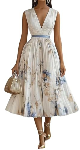 shownicer Vestito Donna Elegante Abito Cerimonia Vestito Lungo Stampa Floreale Senza Maniche Vestiti in Chiffon Estate A Albicocca XXL
