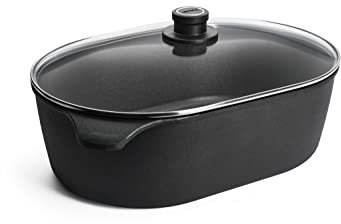 Woll Jumbo-Bräter Nowo Titanium mit Glasdeckel im Karton 40x27 cm 13 cm hoch 10,5 Liter-geeignet für Ceran, Gas, Elektro, Halogen-nicht induktionsgeeignet-Topf aus Aluguss-backofenfest, schwarz