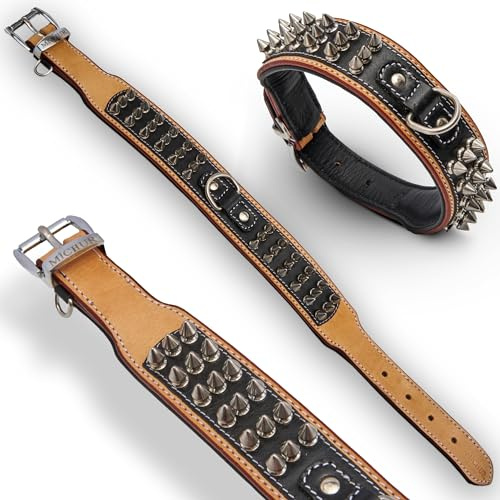 MICHUR Strike NO. 1 Hundehalsband Leder, Beige Schwarz, Breit, Nieten | Lederhalsband Hund, schwarz beige, Leder Hundehalsband, mit Nieten, Halsband breit, verschiedene Größen