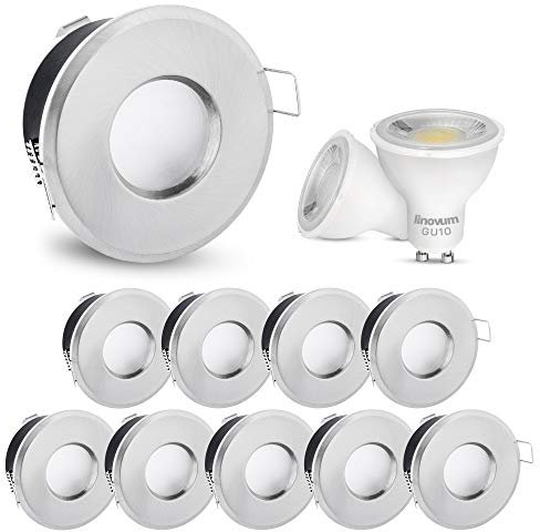 linovum 10x LED Bad Einbaustrahler Set IP65 Edelstahl Optik rund 230V - mit 6W neutralweiß - für Badezimmer, Küche & Außen