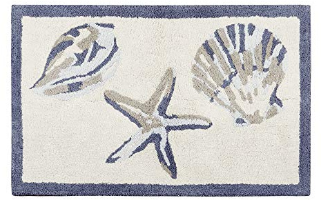 Madison Park Bayside 100% Cotton Tufted Non-Slip Absorbent Ultra Soft Seashells Beach Style Bath Mat Bathroom Rugs, 21X34 Inches, Blue, 1 Piece