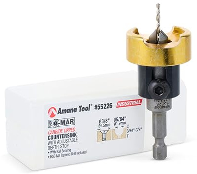 Amana Tool 55226 Kegelsenker mit Hartmetallbestückt, kein Brennen und keine Beschädigung, verstellbarer Tiefenanschlag mit No-Thrust BB 3/8 D x 3/32 Bohrer D x 1/4 Zoll Schnellspanner Sechskant SHK