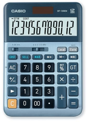CASIO DF-120EM Desktop Calculator 12 Digit Cost Sell Margin Total Memory Solar Battery Operated, silver
