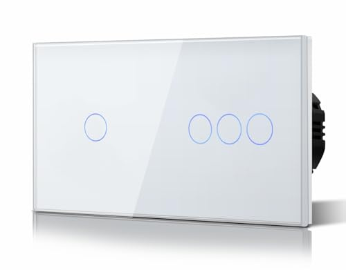 BSEED Interruptor Tactil luz pared,Vidrio Panel con luz Piloto,Sin Función Wifi,1 Gang 1 Vía + 3 Gang 1 Vía,157mm Blanco