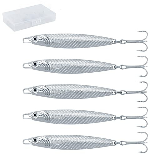Dr.Fish Metal Sea Fishing Lures Silver Minnow Spoon Lures Set of 5 Sea Fishing Tackle Mackerel Cod Sea Bass Pike Stinger Spinner Lures Metal Jigs 30g