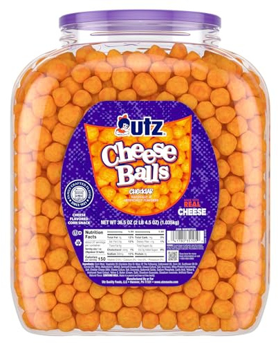 Utz Cheese Balls Barrel, Tasty Snack Baked with Real Cheddar Cheese, Delightfully Poppable Party Snack, Gluten, Cholesterol and Trans-Fat Free, Kosher Certified, 36.5 Oz