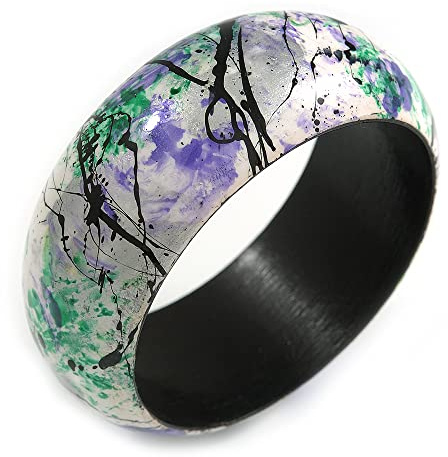 Runt träarmband i abstrakt färg i vit/svart/grön/lila – medelstorlek, Armband Dam