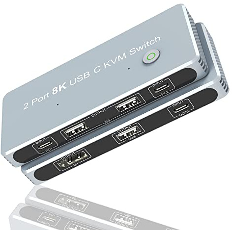 8K KVM Switch USB C 2 Porte, Selettore interruttore USB C per 2 computer, condivisione 1 monitor tastiera stampante e mouse, video 4K@120Hz, 8K@30Hz compatibile con Thunderbolt 3/4, 3 cavi inclusi