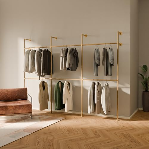 pamo klädhängare industriell loftdesign - KIM III Double Guld - walk in garderob I sovrum klädhängare av svarta, robusta rör med väggmontering