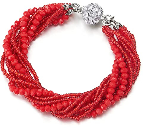 COOLSTEELANDBEYOND Rosso Cristallo Perlina Multi-Fila Bracciale Braccialetto con Strass Palla Charms Chiusura Magnetica