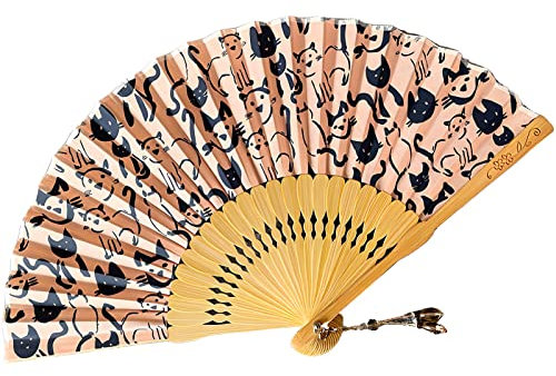RAN Handgehaltener Katzen-Faltventilator, Cartoon-süße Katze, Bedruckt, Baumwollstoff, Taschenventilator für Hochzeit, Tanzen, Geschenke, Heimdekoration (Color : Multi-Colored, Size : 7.7)
