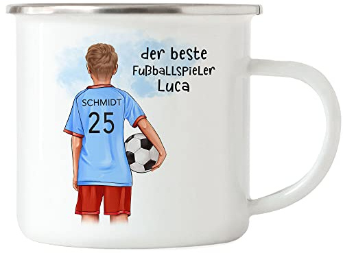 Kiddle-Design Fussball Emaille Tasse Personalisiert mit Namen Fußball Becher Personalisiert Fanartikel Kinder Jungs Mädchen Fussballtasse Fußballfan Kinderbecher