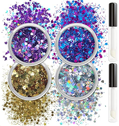 Allstarry Glitzer Gesicht, 4 Farben Glitzer Schminke, Faschingsschminke Glitter Gesicht Silber Gold Festival Karneval Glitzergel Schminke Gesicht Fasching Makeup Body Glitter- Violette Sterne Mond