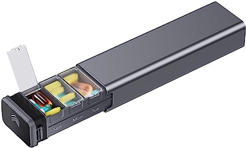 Kursoaya - Portapillole settimanale in metallo, per 7 giorni, in alluminio, di alta qualità, carino, portatile, grande capacità, per integratori, pillole, vitamine, medicine (grigio acciaio)