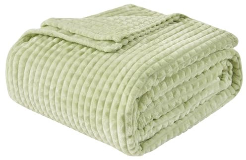 EMME Fleece Throw Blanket for Sofa, Soft, Fluffy, 3D Touch Experience, Warm Cozy Throw, Versatile Single Flannel Blanket for Bed, Couch, Sofa, Armchairs, OEKO-TEX (Sage Green, 130x150cm)