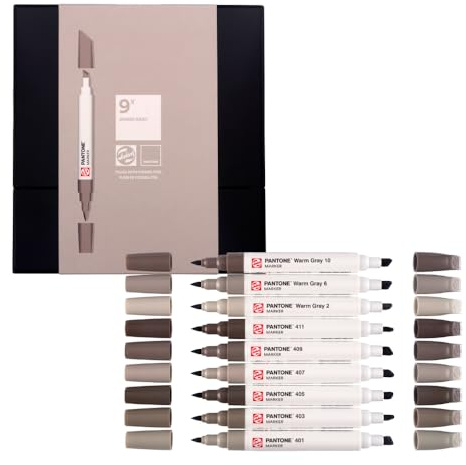 Talens | Pantone Marker 9er Set Warm Gray | Dual-Tip-Stift mit Pinselspitze und Keilspitze | Wasserbasierte, pigmentierte Tinte in Pantone-Farben