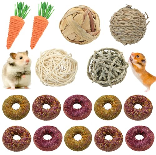 Geluode Hamster Spielzeug, Kaninchen Meerschweinchen Ratten Spielzeug 16 Stück, Kleintierspielzeug Ball Donuts Blume Gras Kuchen Karotte Spielzeug Für Haustier Hasen Zwerghamster Chinchilla