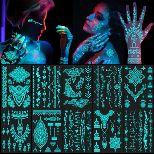 DPKOW Blau Leuchtende Temporäre Tattoos - Henna Klebetattoos, Indische Spitzen, 10 Blatt Im Dunkeln Leuchtende Mandala Blume für Frauen Mädchen - Eid al-Fitr-Hochzeit Aufkleber