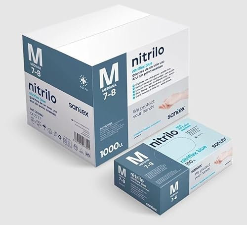 ABD Guantes de Nitrilo Azul Pack de 1000 Unidades, Resistentes al Desgarro, Antideslizantes, Sin Látex, Apto para Uso Alimentario, Cumplen EN 455 y EN 374 (Azul, Talla M)