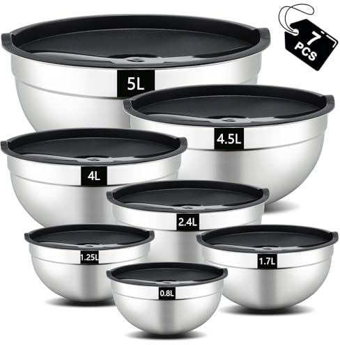 hunnycook 7 Piece Mixing Bowls with Lids Set - Stainless Steel Mixing Bowls for Baking, Mixing & Storage Food, Large Kitchen Mixing Bowl for Prepping, Size 0.7, 1.1, 1.5, 2.1, 3.5, 4, 4.5QT