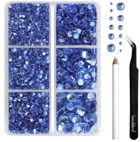 BEADSLAND pedreria hotfix,4000 PCS piedras azul strass termoadhesivas diamantes cristales para manualidades,Kit mixto de 6 tamaños con lápiz de cera y pinzas,SS6-SS30,Zafiro Claro Rhinestones