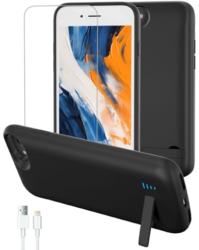 Gladgogo Akku Hülle für iPhone 8/7/6/SE(2020/2022)(8500 mAh 4.7Zoll), Ultra-schlanke Akkuhülle Wiederaufladbar Batterie mit Handyhalter und Schutzfolie, Tragbares Batterieladegerät Hülle, Schwarz