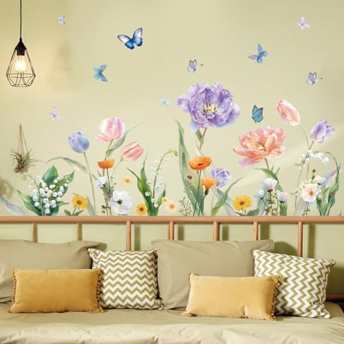 SHUCHING Adesivi Murali Fiori ad Acquerello, Adesivi da Parete Decorativi Tulipani per Soggiorno Camera da Letto