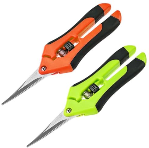 XPEX 2 Piezas Tijera Podar Pequeña Para Jardinería,Tipo Curvo&Punta Recta Profesionales Para Recoger Frutas Árbol Flor Ramas Verde/Naranja