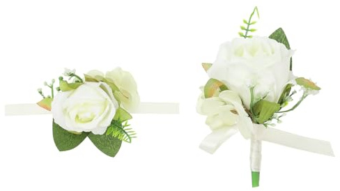 PATIKIL Conjunto de Pulsera de Muñeca y Boutonnières, 2 Piezas de Rosa Artificial para Bodas, Corsage de Damas de Honor, Pulsera de Promoción, Madre, Mujeres, Fiesta de Graduación, Blanco