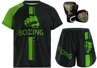 Miutii 3 delar barn pojkar träningsoverall boxning kläder muay thai shorts kickboxning korta byxor T-shirt boxningshandskar Thai MMA kampsport träning sport set, Grönt och svart, 170-176