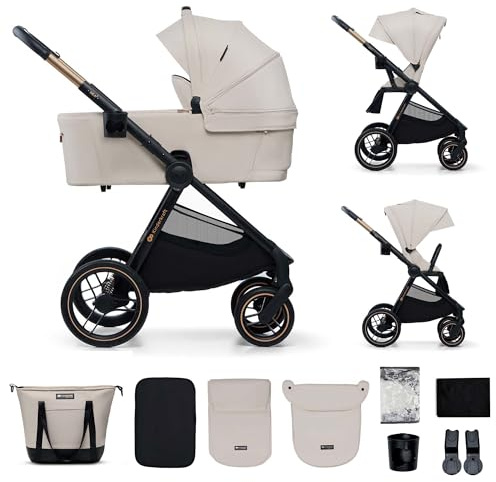 Kinderkraft NEA 2 Kinderkraft buggy von Geburt bis 22 kg, Zusammenklappen mit einer Hand, Liegeposition, großes Verdeck, alle 4 Räder gedämpft, extrem leicht, UPF50+, Korb bis zu 5 kg, Beige