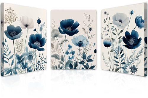 Qiukoo Set of 3 Wall Art – Blue Floral Prints with Pre-Framed Canvas and Hanging Hooks, Modern Wall Pictures for Living Room, Bedroom, Hallway or Office, Home Wall Décor, 12x16 Inch