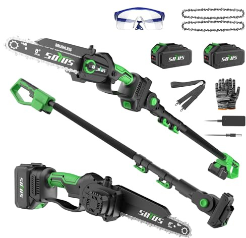 SOYUS 2-IN-1 Cordless Pole Saw & 8-Inch Mini Chainsaw for Tree Trimming, 21V Electric Pole Chainsaw with 2x 3.0Ah Batteries, Brushless Motor, Max Reach 15ft, Pole Saw for Thick Branch Cutting