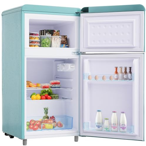 Mini refrigerador compacto de 72 L con congelador, puerta doble retro, 7 termostatos ajustables y estantes ajustables para dormitorios, oficinas y dormitorios.,Blue