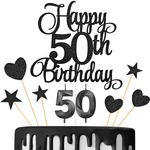LunarCharm Tortendeko 50 Geburtstag Mann Frau, 50. Torten Deko mit Geburtstagskerzen, Schwarz Kuchen Deko 50. Geburtstag, für Kuchendekoration für Geburtstagsfeiern