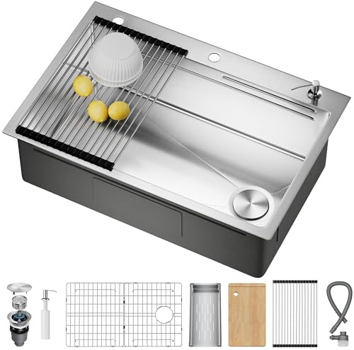 CAMMOO 33X22 Drop In Kitchen Sink with Pop-Up Drain, 304 Stainless Steel Workstation Sink, Upgraded Fast Drain, Topmount Single Bowl with Accessories, Foldable Grid for Easy Cleaning