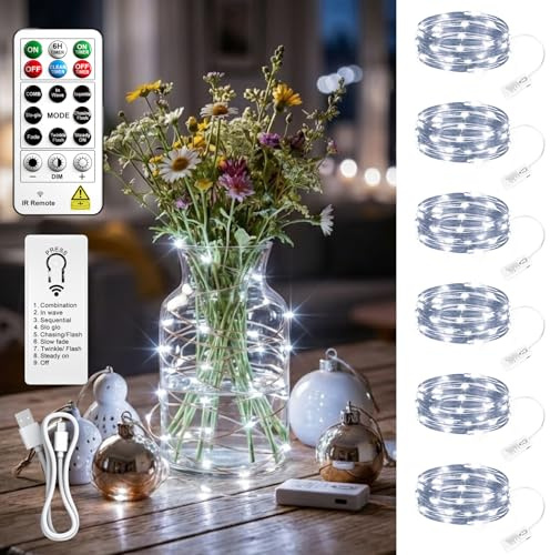 SINAMER 6 Stück Micro LED Lichterkette mit Aufladbarer Batterie,2M 20LEDs | Timer und Fernbedienung, 8 Modi, Dimmbar,Wasserdichter Silberdraht für Innen, Zimmerdeko, Weihnachten, Hochzeit (Weiß)