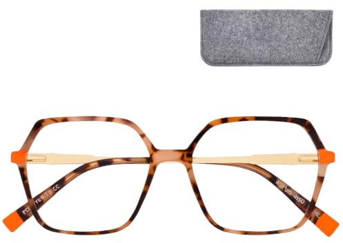 Mini Brille - Gafas Luz Azul Mujer Oversize Retro y Lentes Hexagonales Grandes, Funda Inclusa, Montura el Plástico con Patillas Metálicas (Naranja tortuga), Modernas Gafas de Ordenador +1.5 Dioptrías