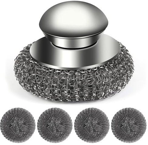 Steel Wool Scrubber with Handle, 1 Brush + 4 Replacement Stainless Steel Scourer Pads, Heavy Duty Brillo Pads for Cleaning Pots, Pans, Cast Iron, Stoves, Grills, and Sinks