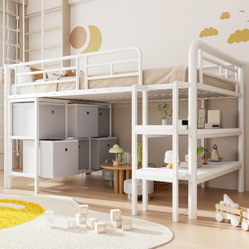 Sapgaks Lit Enfant 90x200 avec rangements,lit Mezzanine Enfant en métal avec Larges escaliers,tiroirs et étagères,Cadre de lit mi Hauteur 90 x 200 avec sommier à Lattes (Blanc)