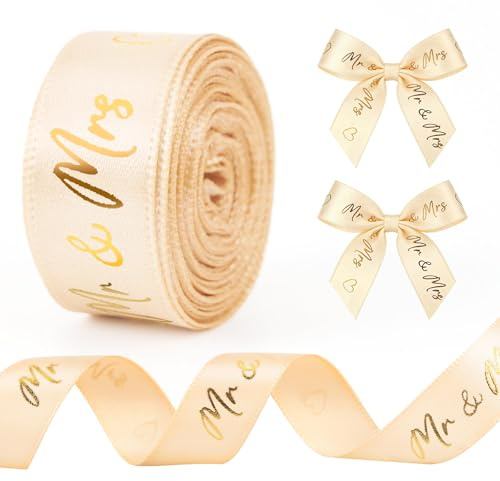 Hochzeit Schleifenband,5 m x 15 mm Mr & Mrs Deko Geschenkband,Goldene Dekobänder Hochzeit mit Herz für Hochzeitsdekoration Hochzeitseinladungen Brautsträuße Geschenk Verpackungen DIY