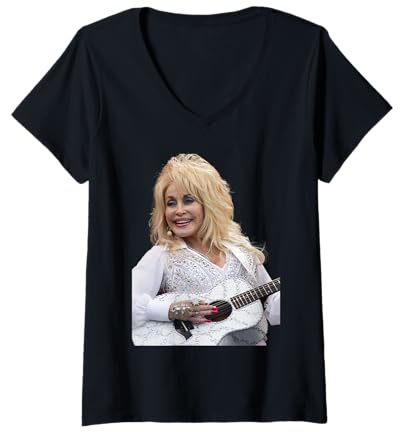 Femme Dolly Parton, chanteuse américaine en Direct avec Guitare 2014 T-Shirt avec Col en V